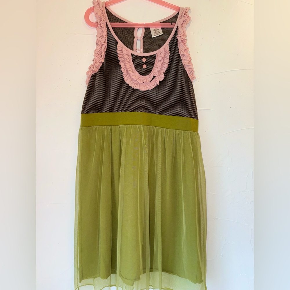 MATILDA JANE OLIVE GREEN & PINK RUFFLE TANK DRESS BUG GIRLS SZ 10